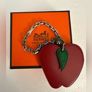 HERMES Apple Leather Bag Charm Red Green Silver Chain